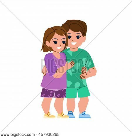 Brother And Sister Vector. Child Happy Girl, Hug Young Siblings, Family Lifestyle Brother And Sister