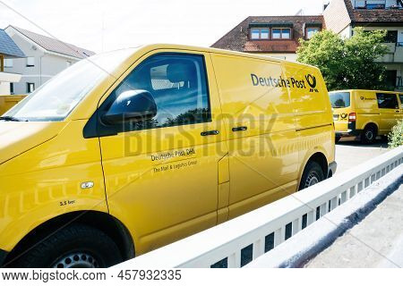 Oberkirch, Germany - May 27, 2022: Close-up Of Driver Door Of Electric Volkswagen Yellow Van With De
