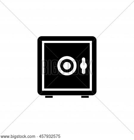 Metal Bank Safe, Strongbox For Money Saving. Flat Vector Icon Illustration. Simple Black Symbol On W