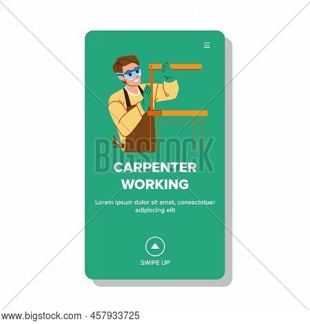 Man Carpenter Working With Wood On Workshop Vector. Young Guy Carpenter Working And Crafting Wooden 
