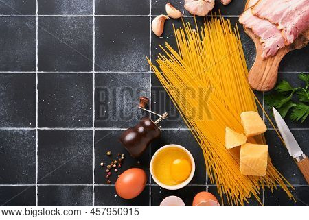 Ingredients For Pasta Carbonara. Traidtional Italian Pasta Carbonara Ingredients Bacon, Spaghetti, P