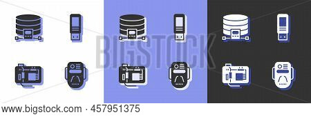 Set Artificial Intelligence Robot, Cloud Database, Motherboard And Usb Flash Drive Icon. Vector