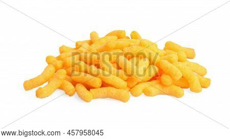 Many Tasty Cheesy Corn Puffs Isolated On White