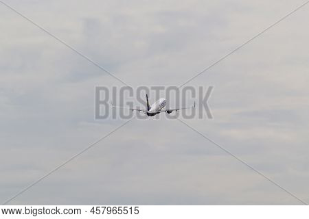 Ryanair Boeing 737-8as Airplane In The Sky. Flying Passenger Plane. Riga International Airport, Maru