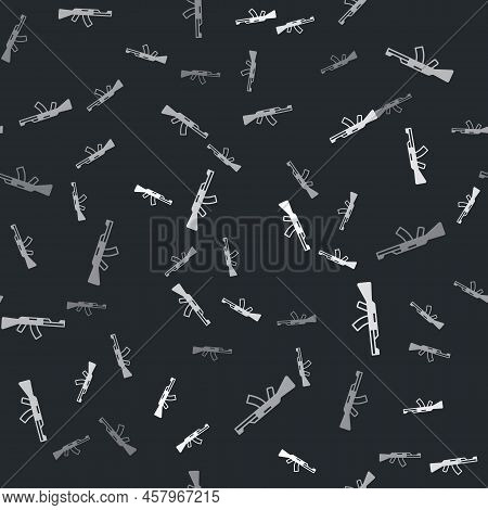 Grey Submachine Gun Icon Isolated Seamless Pattern On Black Background. Kalashnikov Or Ak47. Vector