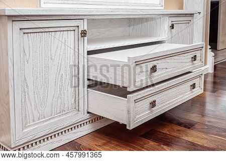 Built-in Chest Of Drawers From Veneer And Solid Ash In Light Enamel With Gray Patina. Detail Of Deco