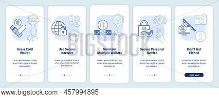 Crypto Wallet Security Light Blue Onboarding Mobile App Screen. Walkthrough 5 Steps Editable Graphic