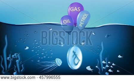 Sinking Rub Coin Hangs On Gas, Oil And Gasoline Balloons In Ocean With Marine Life. Metaphorical Sin