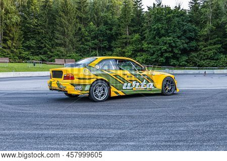 Bmw Drift Race Car On The Asphalt At The Drift Show. Alytus, Lithuania, 1 July 2022
