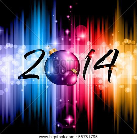 2014 Christmas and New Yaer Colorful Background with a waterfall of ray lights and a lot of baubles and stars.