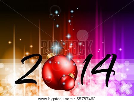 2014 Christmas and New Yaer Colorful Background with a waterfall of ray lights and a lot of baubles and stars.