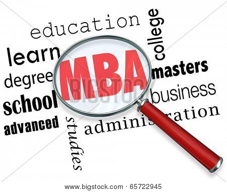 MBA letters magnifying glass masters of business administration degree college university