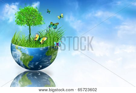 Environmental Concept. Globe. Tree, grass and butterflies on half the globe