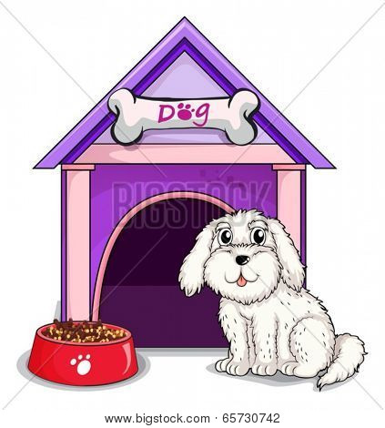 Illustration of a dog outsite the purple house on a white background