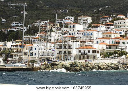ANDROS, GREECE - APR 28, 2014: Marina of Andros, is the northernmost island of the Greek Cyclades archipelago in the Aegean Sea - area is 380 km2, 40 km long, and its greatest breadth is 16 km.