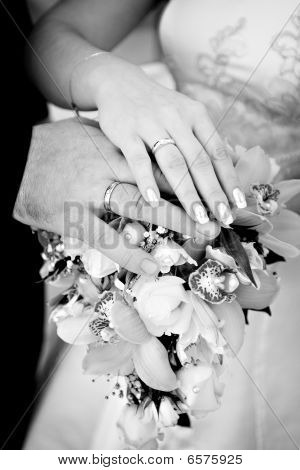 Handen van de bruid en de bruidegom met ringen