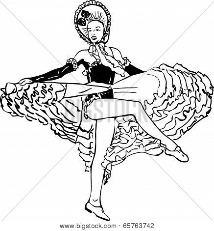 Black And White Vector Sketch Of A Girl Dancing The Cancan