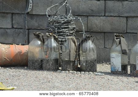 KIEV, UKRAINE - APR 24, 2014: Downtown of Kiev.Camp decoration with military items.Rioters camp.Putsch of Junta.April 24, 2014 Kiev, Ukraine 