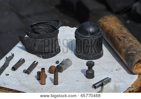 KIEV, UKRAINE - APR 24, 2014: Downtown of Kiev.Camp decoration with military items.Rioters camp.Putsch of Junta.April 24, 2014 Kiev, Ukraine 