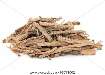 Stellaria root herb used in chinese herbal medicine over white background. Yin chai hu. Radix stellariae.