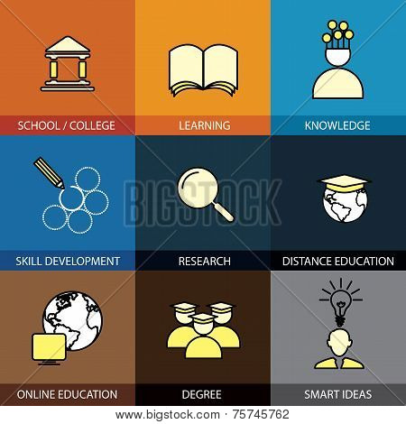 Flat Design Set Of Vector Line Icons Of School & College, University Education