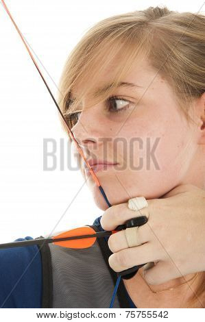 Blonde Girl Shooting With Bow An Arrow