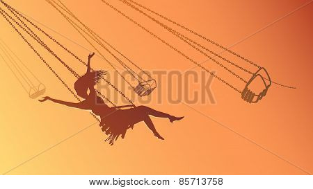 Horizontal Illustration Silhouette Girl On Swing At Sunset.