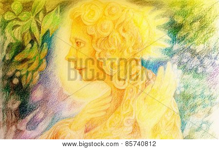 Fantasy Golden Light Fairy Spirit With Birds And Floating Leaf Pattern, Beautiful Colorful Painting