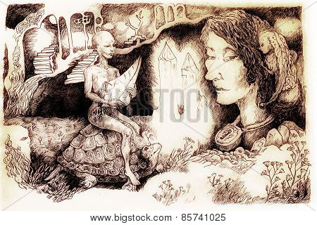 Fairy-tale Illustration, Crystal Creature Riding A Tortoise And A Locked Up Head, Detailed Monochrom