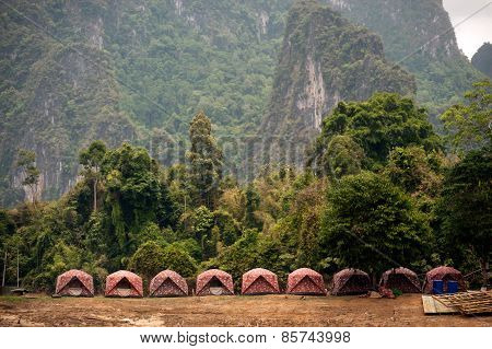 Row Of Tent In Cheow Larn Lake (ratchaprapa Dam),Thailand.