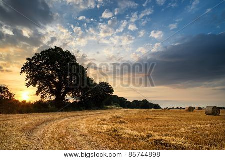Rural Landscape Image Of Summer Sunset Over Field Of Hay Bales