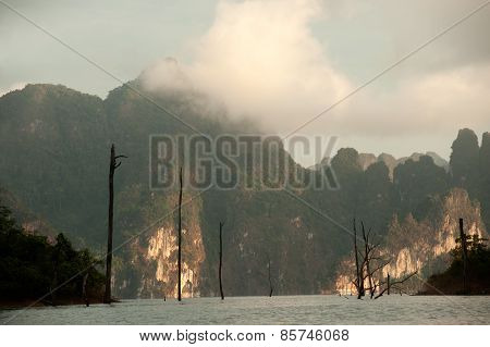 View Point And Landmark Of Cheow Larn Lake In Ratchaprapa Dam In Thailand.