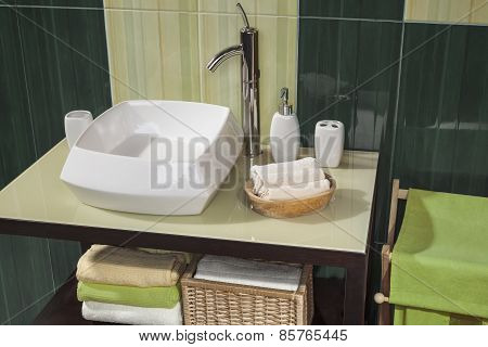 Detail Of A Green Modern Bathroom With Sink