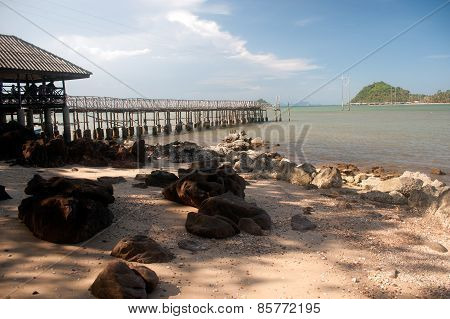 The Traditional Wooden Long Bridge Over The Sea,Thailand.