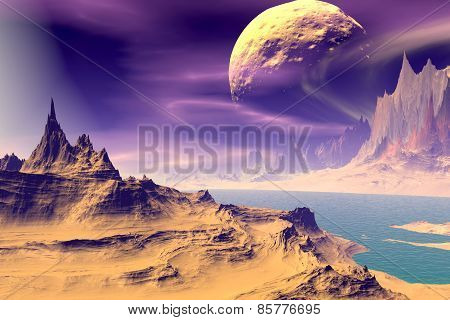 3D Rendered Fantasy Alien Planet. Rocks And Sky
