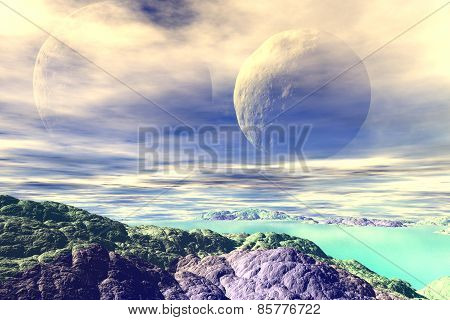 3D Rendered Fantasy Alien Planet. Rocks And Sky