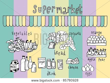 Supermarket  Doodle Colorful Pastel Background
