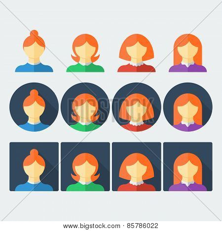 Flat women icons set with round, square or without background