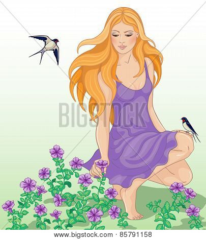 Girl, Flowers And Swallows