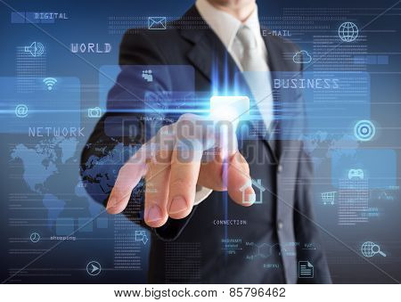 man pressing a multimedia computer display