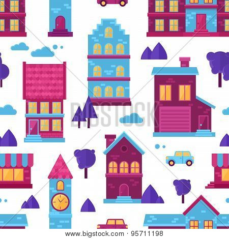 Flat City Houses Seamless Pattern