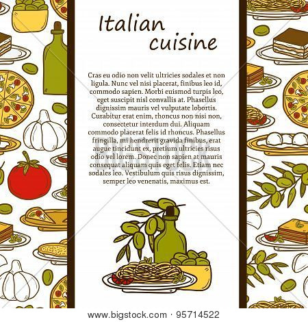 Vector italian cuisine concept with cute cartoon hand drawn objects and seamless background: pizza,