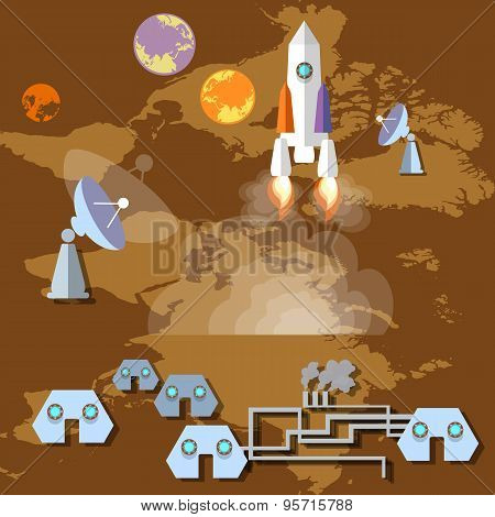 Colonization Of Mars: Rocket, Spaceship, Spaceport, Planets, Orbit,future, Study, Universe, Vector
