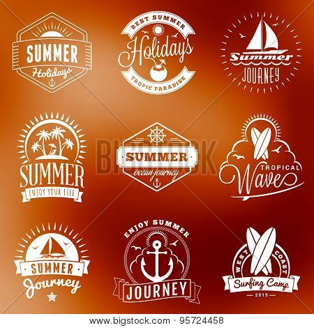 Summer Holidays Design Elements. Set Of Hipster Vintage Logotypes And Badges On Colorful Background