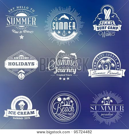Summer Holidays Design Elements. Set Of Hipster Vintage Logotypes And Badges On Colorful Background