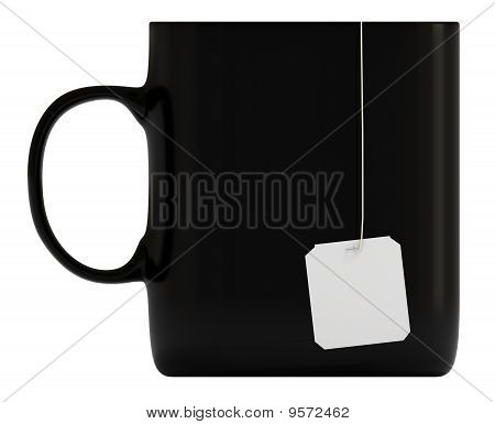 Mug สีดำ ป้ายชื่อว่างเปล่า แยกต่างหากบนพื้นสีขาว ภาพ 3D