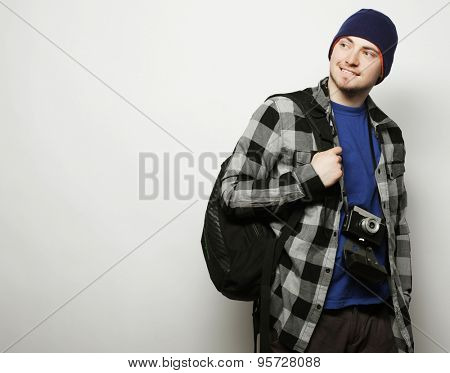 technology, people and life style concept: young  photographer over white background