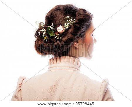 back view of beautiful haircut with small pink flowers