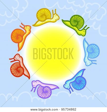 Vector illustration of cute rainbow snails. Day