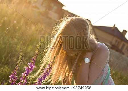 Long Hair In Sunset Light In Windy Weather